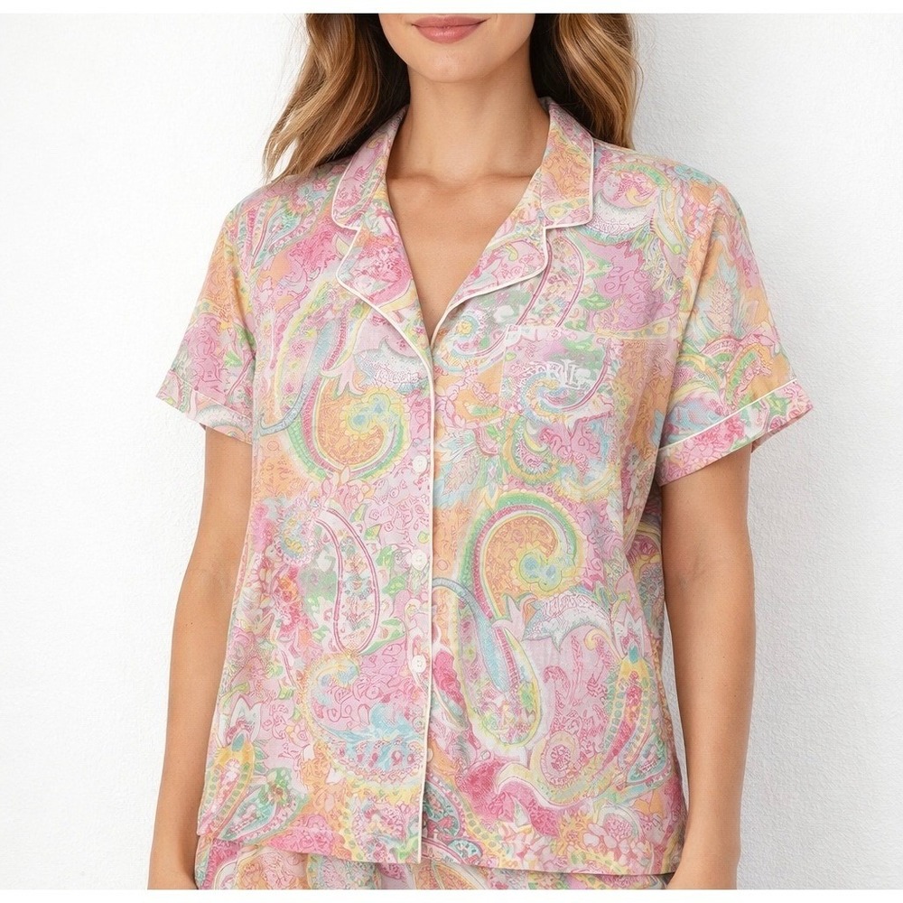 Lauren Ralph Lauren Pajama TOP LRL Pink Paisley Short Sleeve